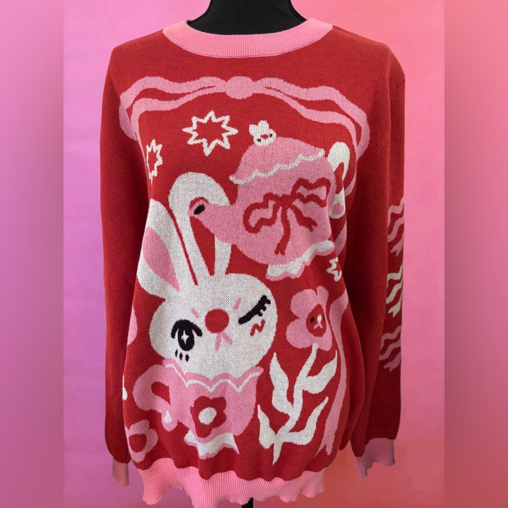 So-Lazo Pink & Red Tea Bunny Knit Sweater Extra-Large